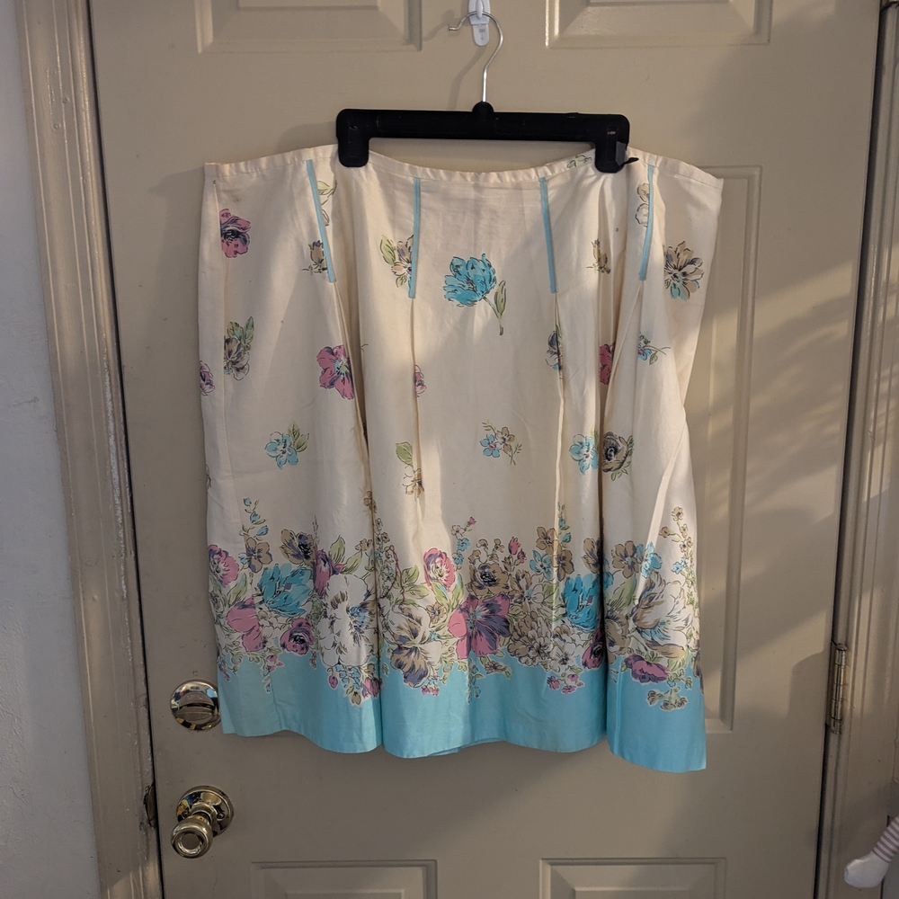 Oscar de la Renta Cream and Blue Floral A-Line Skirt